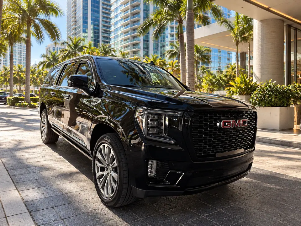 Front three-quarter view of our black GMC Yukon XL Denali